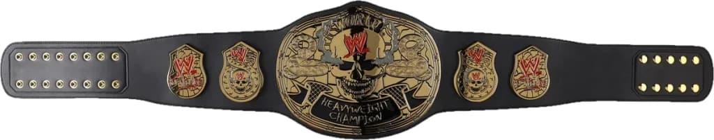 Display-grade replica championship title belt with die-struck metal plates on a full-grain leather strap.