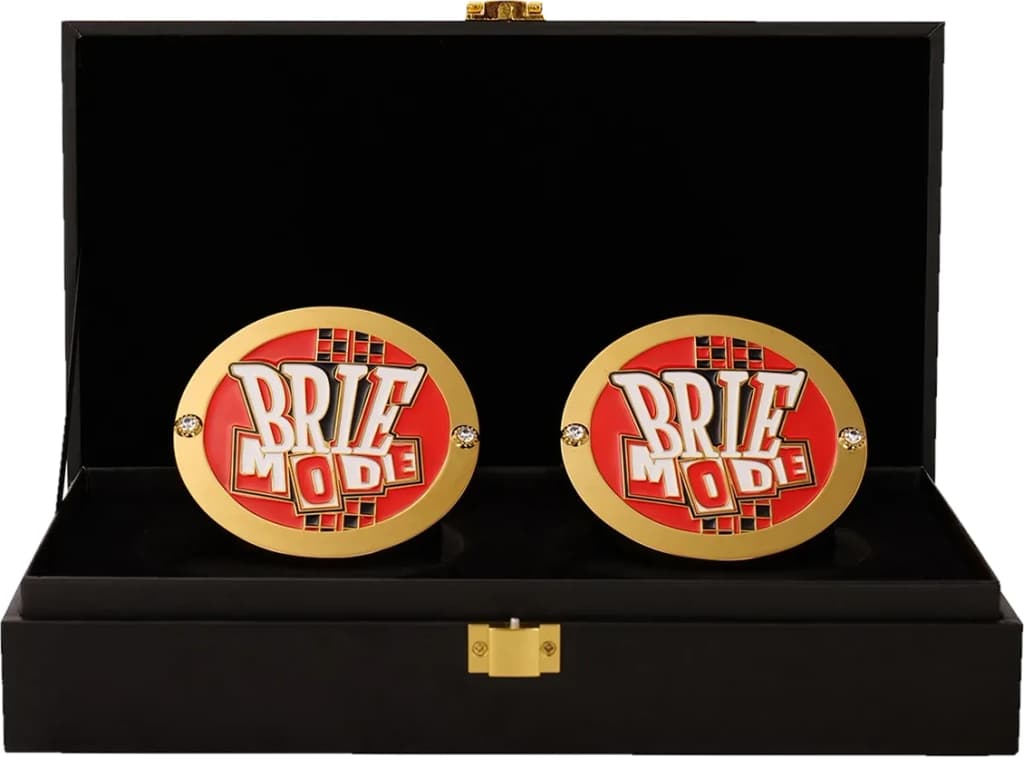 Display-grade side plate set with die-struck metal plates on a full-grain leather strap.