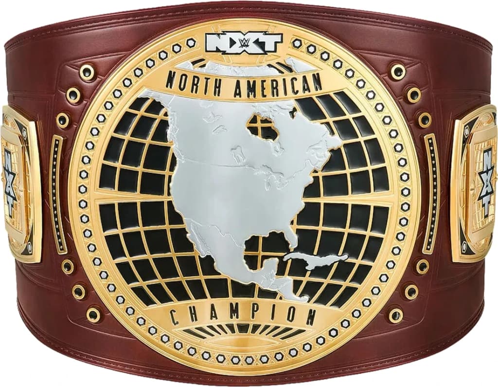Display-grade replica championship title belt with die-struck metal plates on a full-grain leather strap.