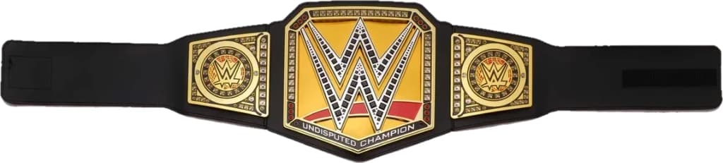 Display-grade toy title belt with die-struck metal plates on a full-grain leather strap.
