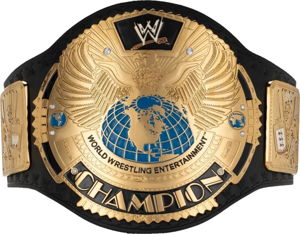 Display-grade replica championship title belt with die-struck metal plates on a full-grain leather strap.