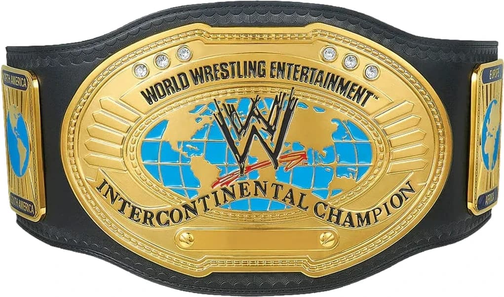 Display-grade replica championship title belt with die-struck metal plates on a full-grain leather strap.