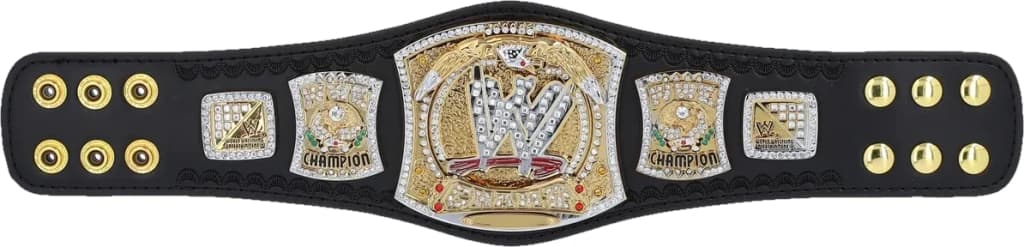 Display-grade mini replica belt with die-struck metal plates on a full-grain leather strap.