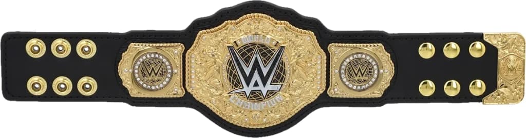 Display-grade mini replica belt with die-struck metal plates on a full-grain leather strap.