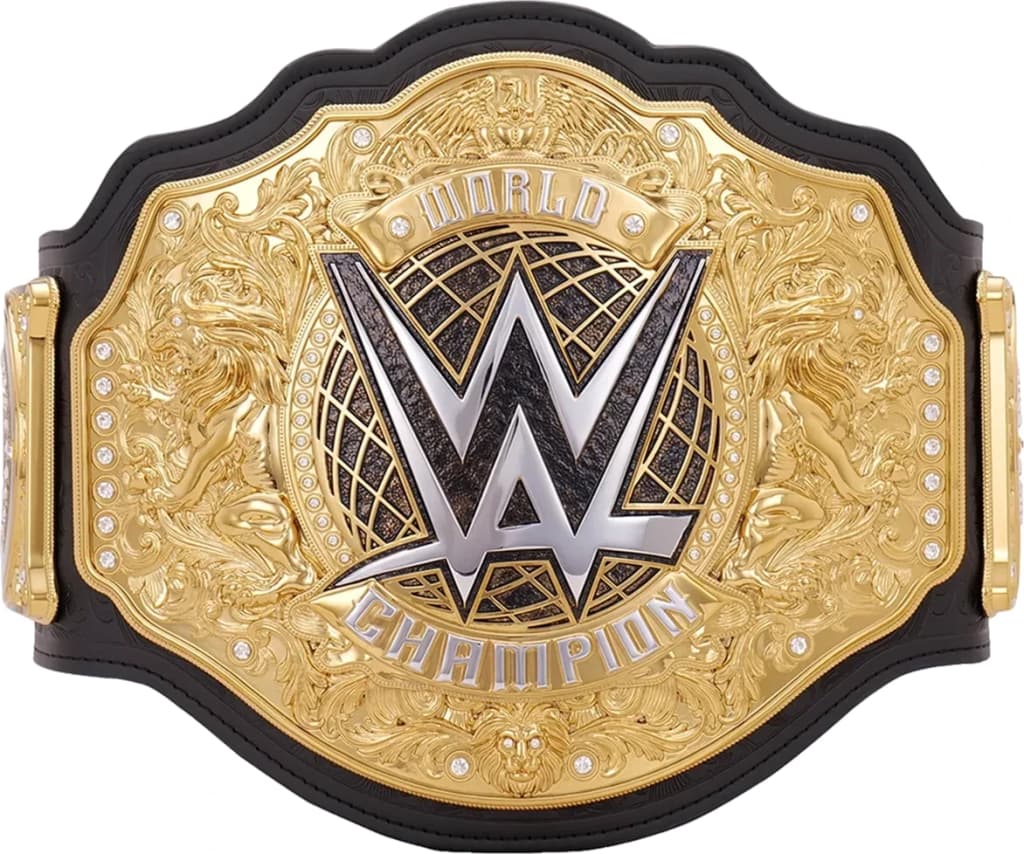 Display-grade replica championship title belt with die-struck metal plates on a full-grain leather strap.