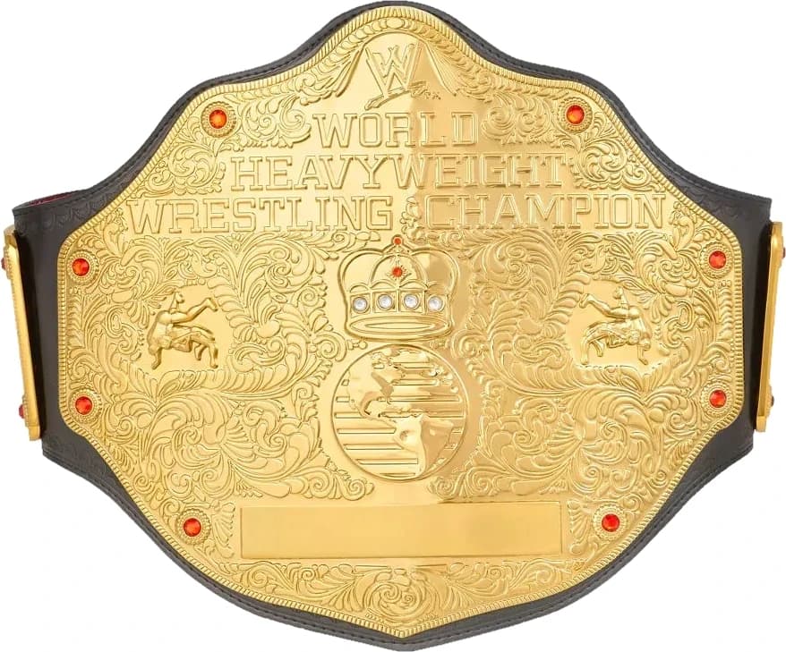 Display-grade replica championship title belt with die-struck metal plates on a full-grain leather strap.