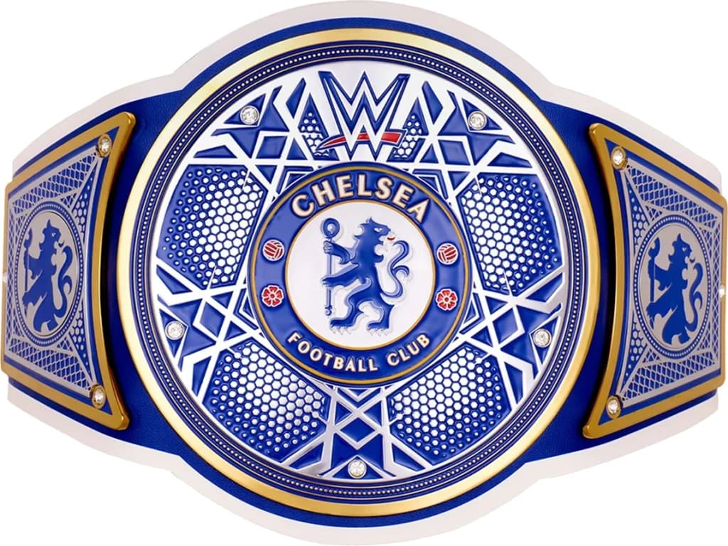Display-grade replica championship title belt with die-struck metal plates on a full-grain leather strap.