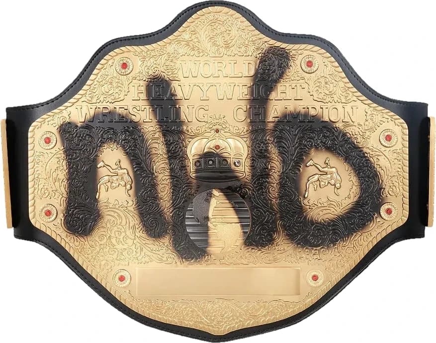 Display-grade replica championship title belt with die-struck metal plates on a full-grain leather strap.