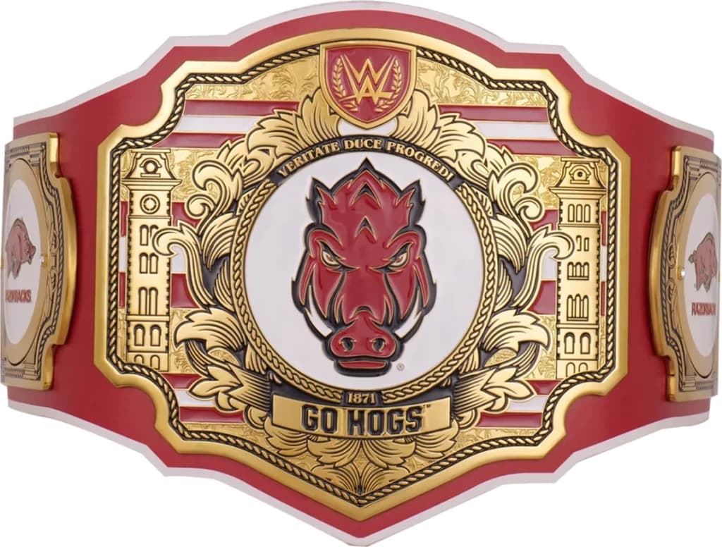 Display-grade replica championship title belt with die-struck metal plates on a full-grain leather strap.