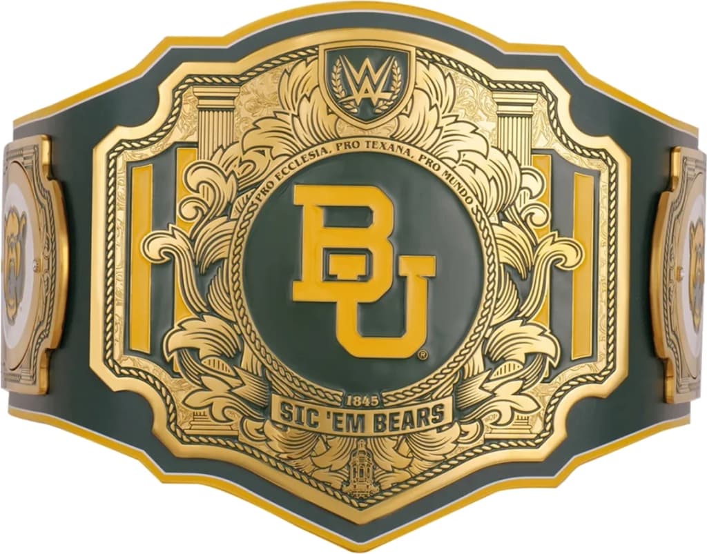 Display-grade replica championship title belt with die-struck metal plates on a full-grain leather strap.