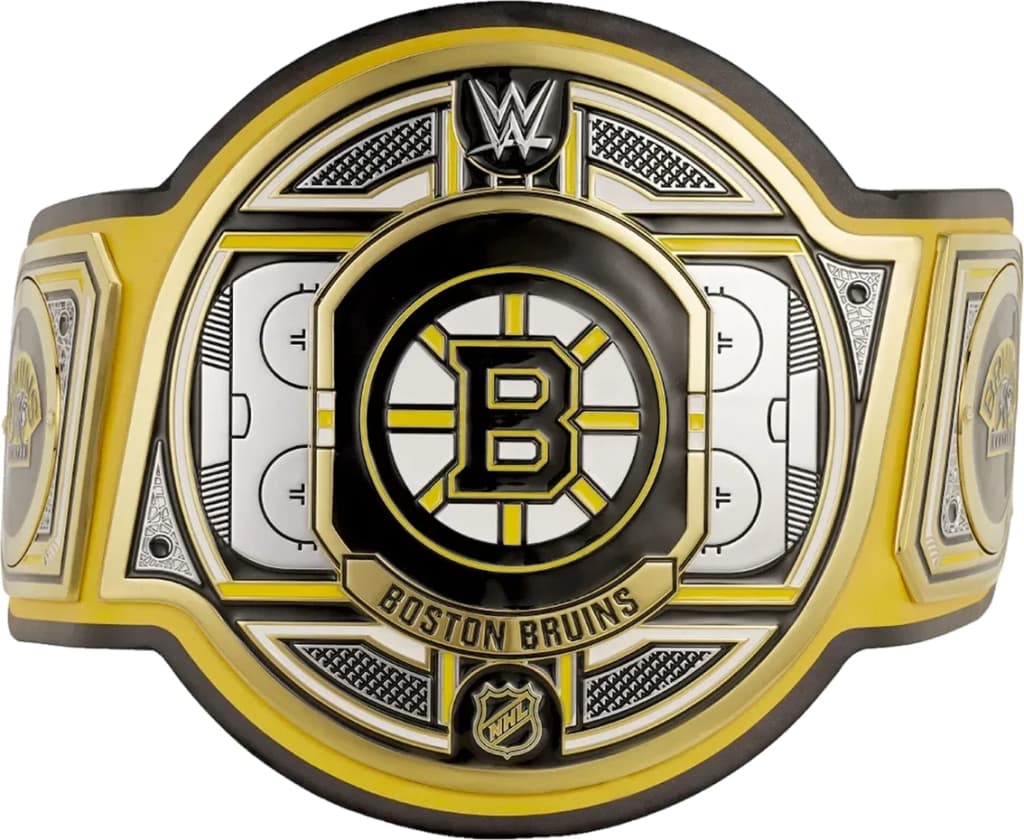 Display-grade replica championship title belt with die-struck metal plates on a full-grain leather strap.