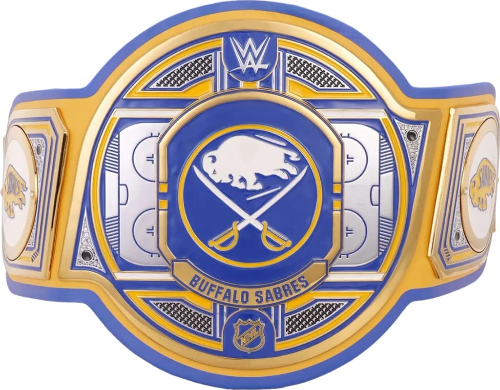 Display-grade replica championship title belt with die-struck metal plates on a full-grain leather strap.