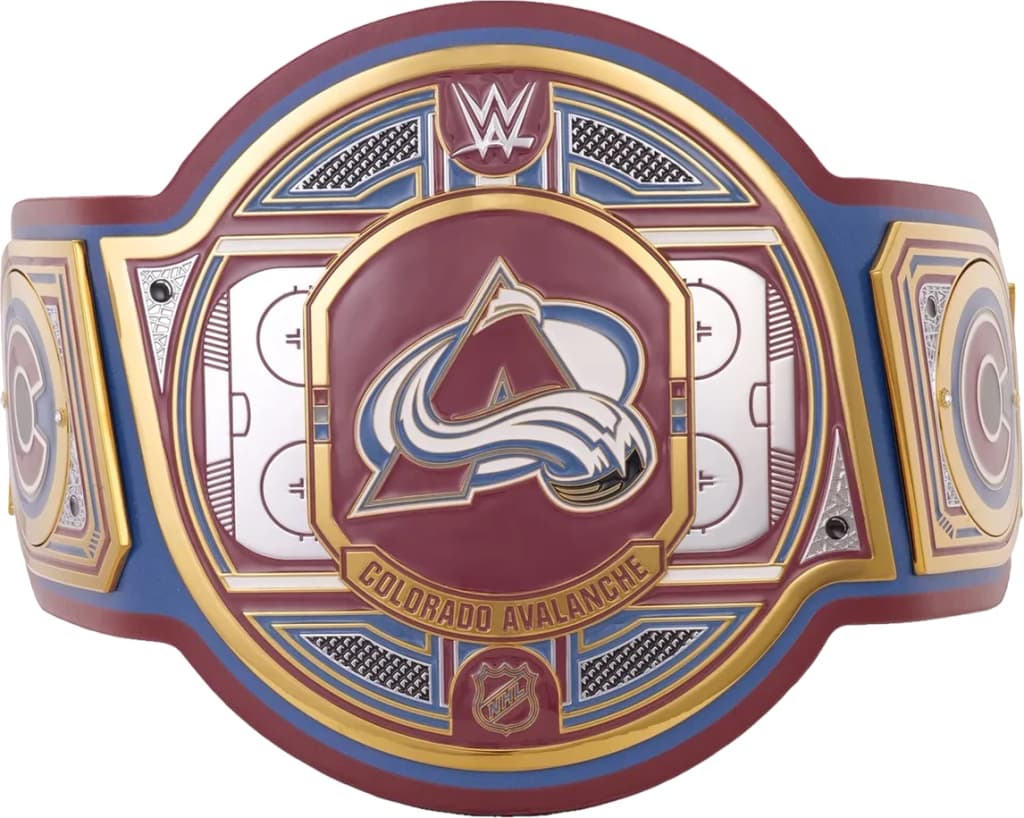 Display-grade replica championship title belt with die-struck metal plates on a full-grain leather strap.