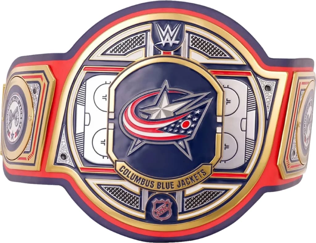 Display-grade replica championship title belt with die-struck metal plates on a full-grain leather strap.