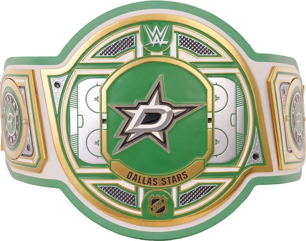 Display-grade replica championship title belt with die-struck metal plates on a full-grain leather strap.