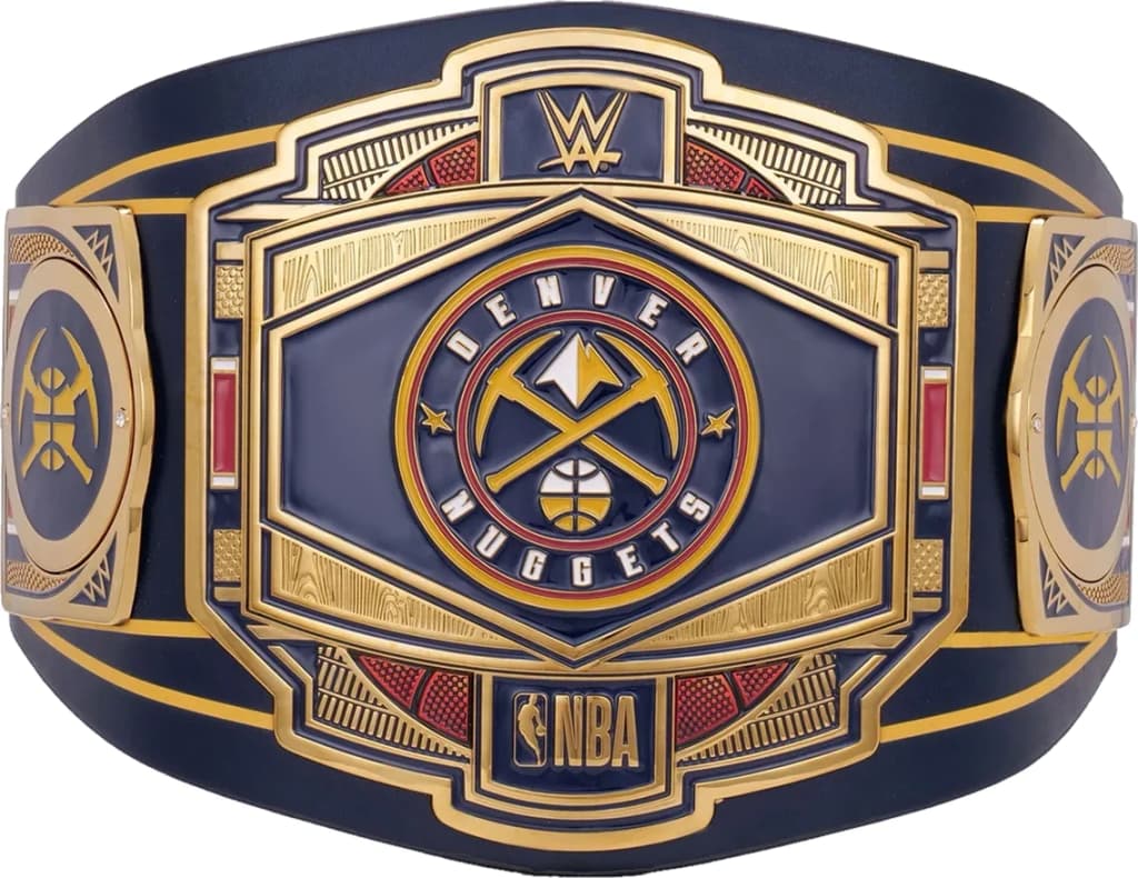 Display-grade replica championship title belt with die-struck metal plates on a full-grain leather strap.