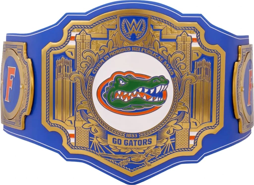 Display-grade replica championship title belt with die-struck metal plates on a full-grain leather strap.