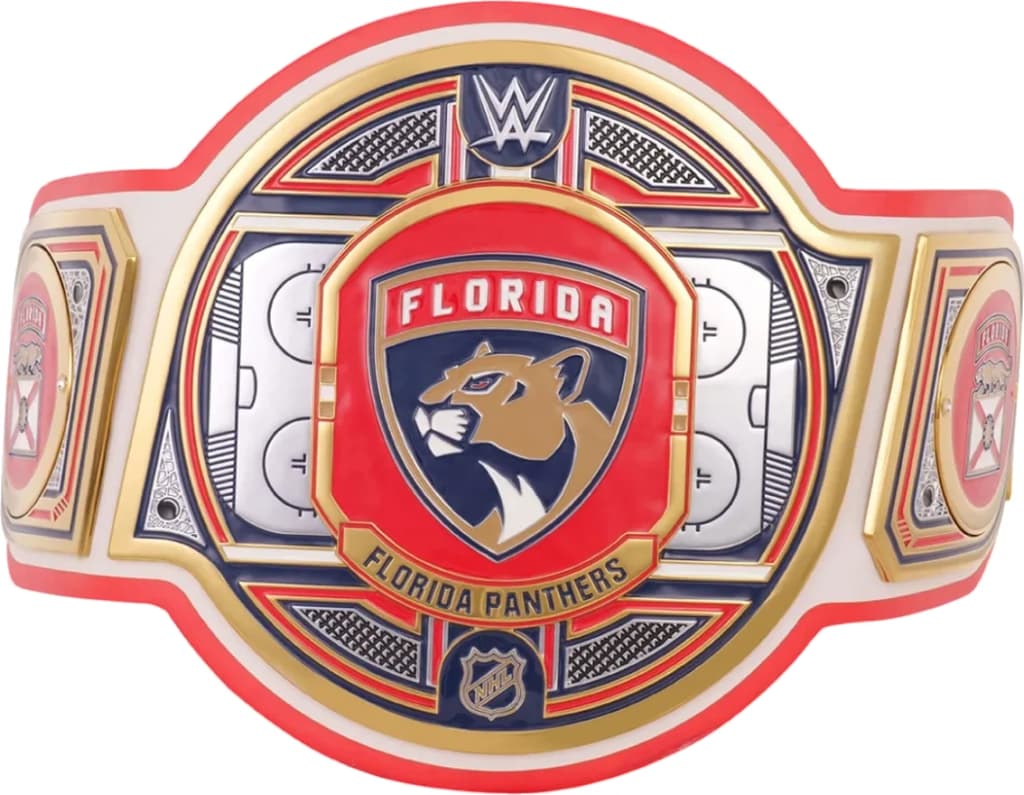 Display-grade replica championship title belt with die-struck metal plates on a full-grain leather strap.