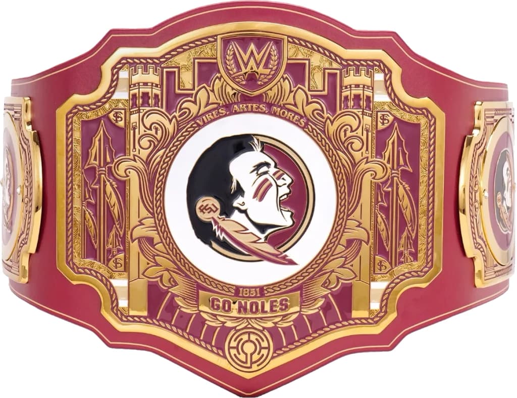 Display-grade replica championship title belt with die-struck metal plates on a full-grain leather strap.