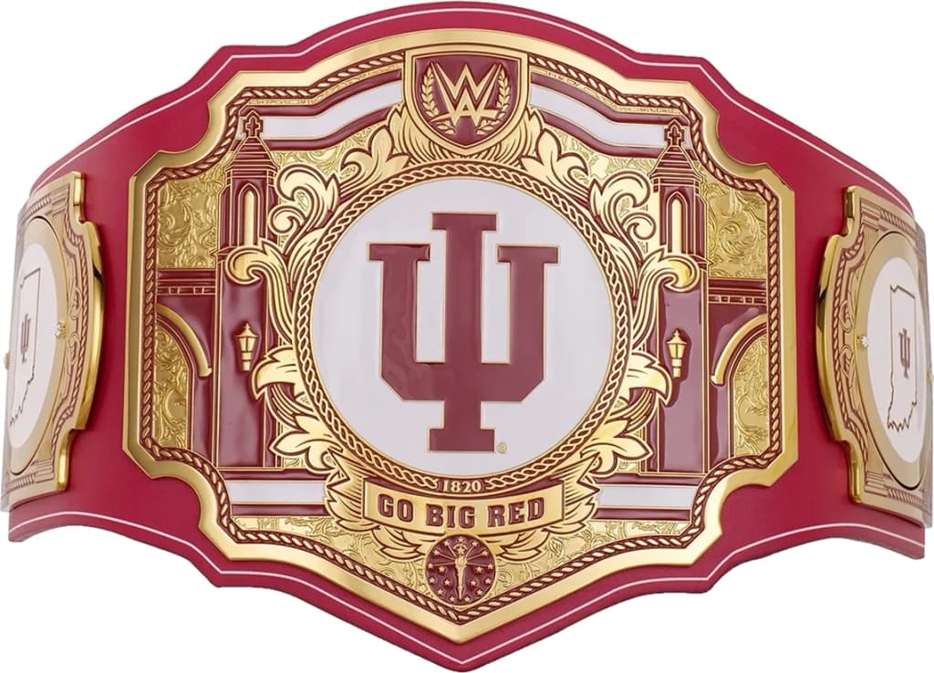Display-grade replica championship title belt with die-struck metal plates on a full-grain leather strap.