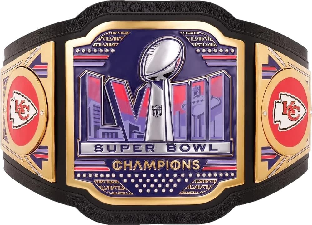 Replica championship title belt finished to display standard, plate by plate.