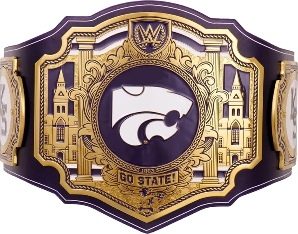 Display-grade replica championship title belt with die-struck metal plates on a full-grain leather strap.