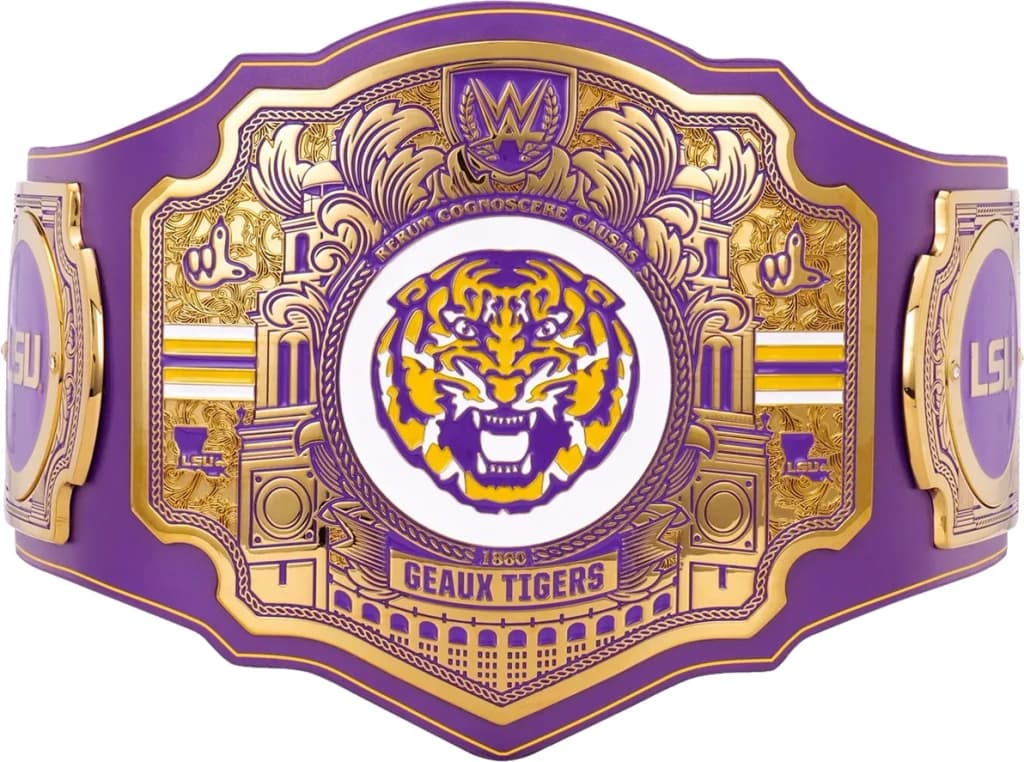 Display-grade replica championship title belt with die-struck metal plates on a full-grain leather strap.