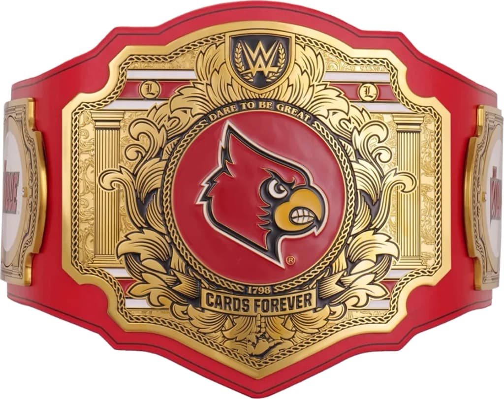 Display-grade replica championship title belt with die-struck metal plates on a full-grain leather strap.