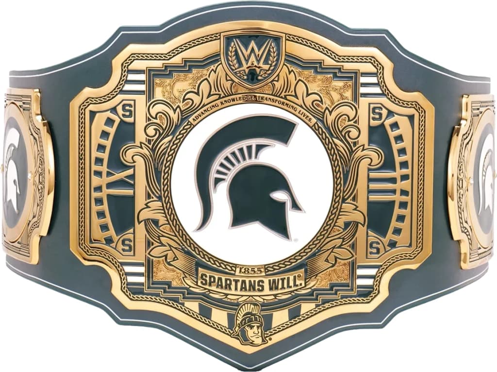 Display-grade replica championship title belt with die-struck metal plates on a full-grain leather strap.