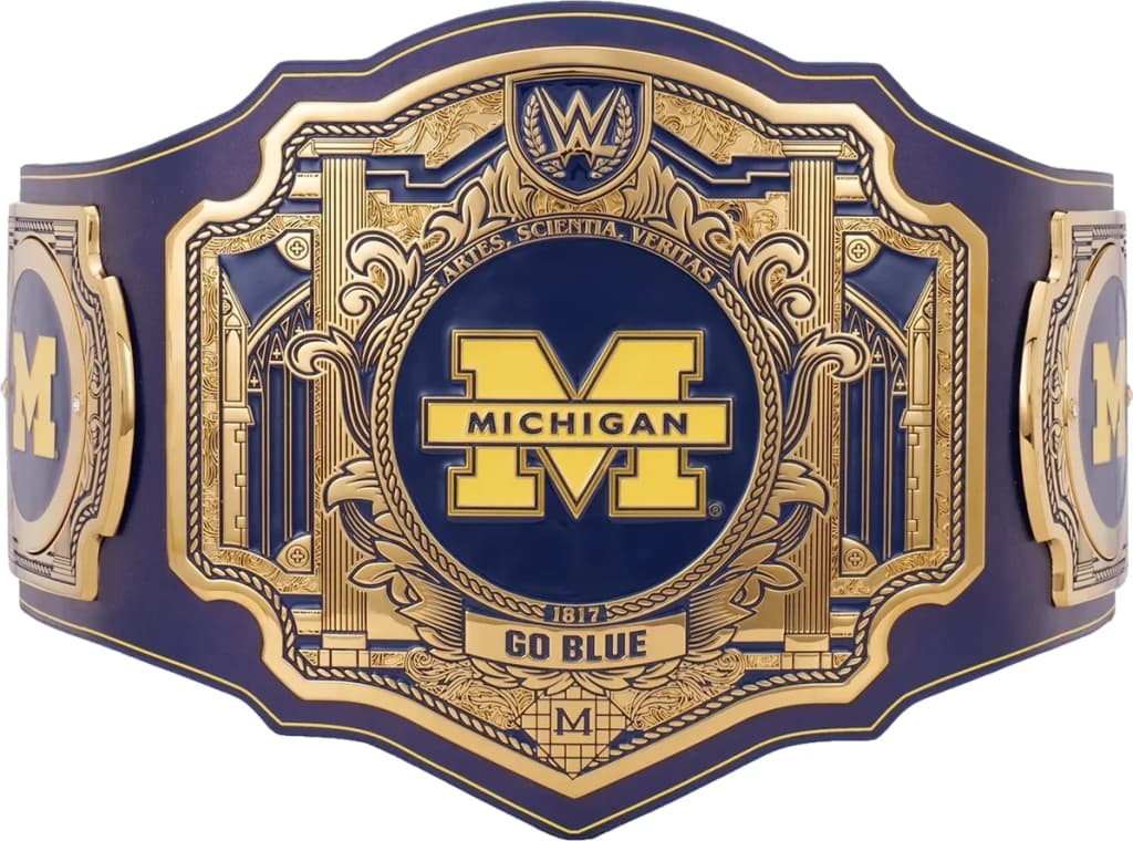 Display-grade replica championship title belt with die-struck metal plates on a full-grain leather strap.
