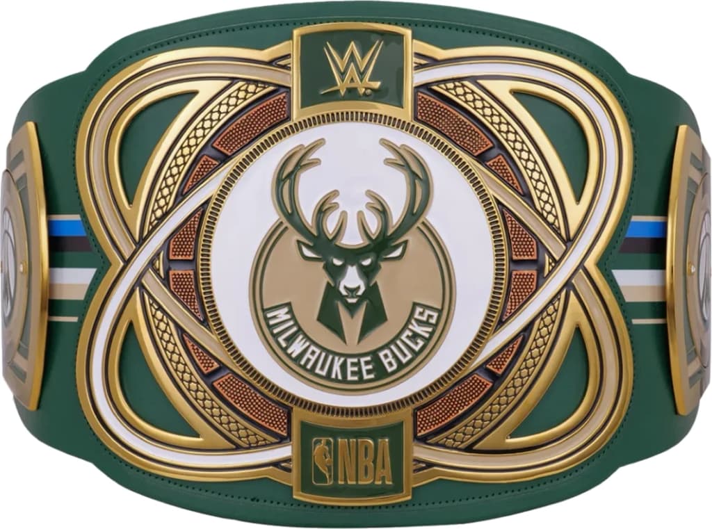 Display-grade replica championship title belt with die-struck metal plates on a full-grain leather strap.