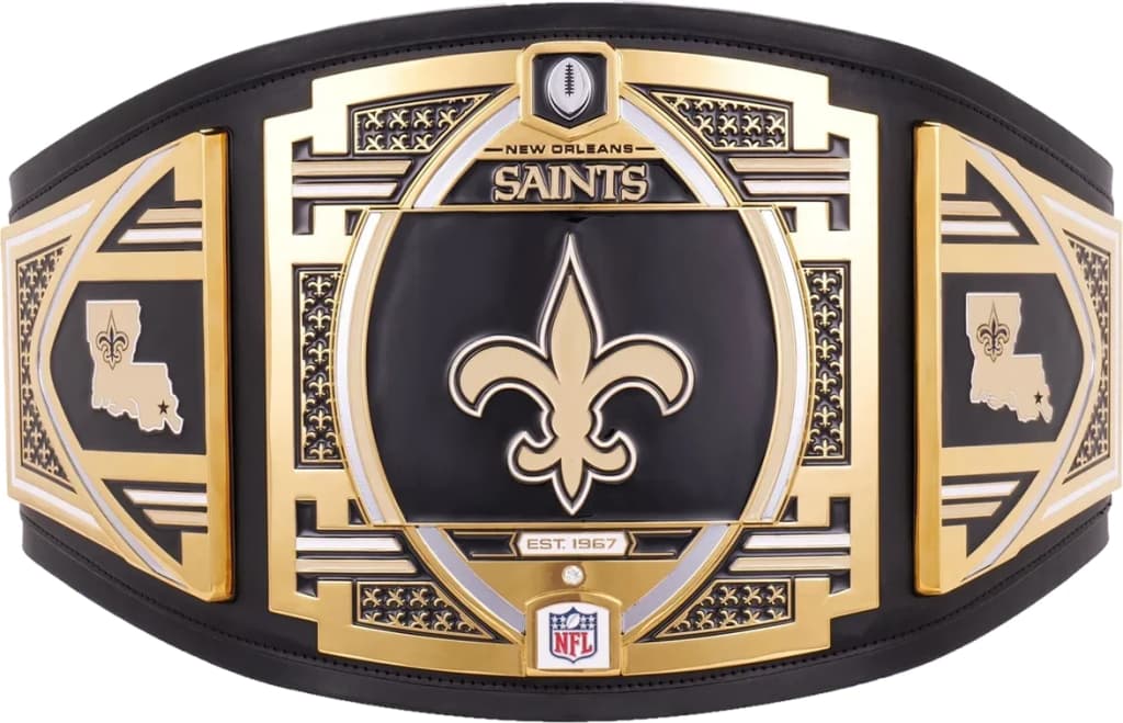 Display-grade replica championship title belt with die-struck metal plates on a full-grain leather strap.