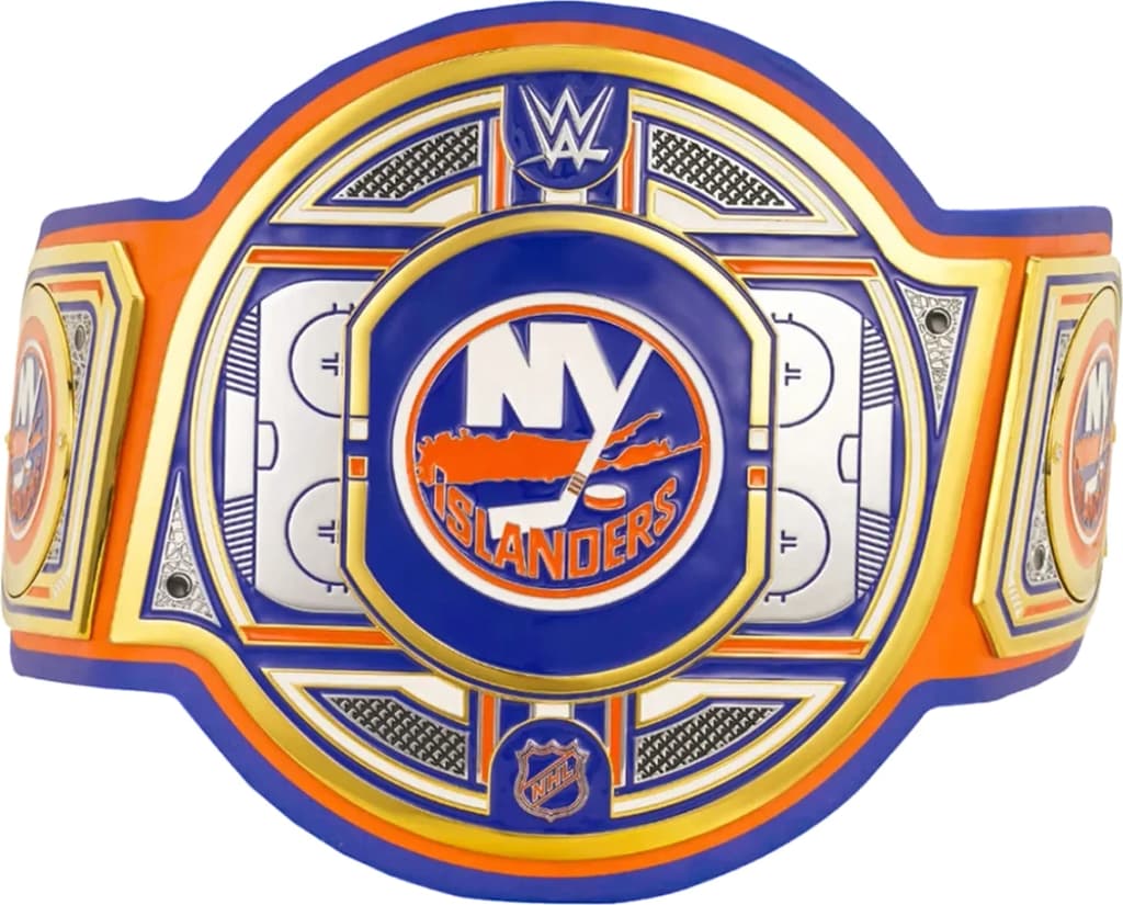 Display-grade replica championship title belt with die-struck metal plates on a full-grain leather strap.