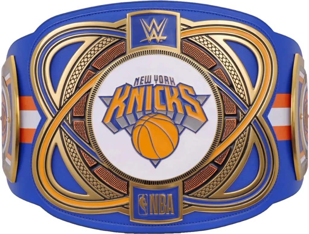 Display-grade replica championship title belt with die-struck metal plates on a full-grain leather strap.