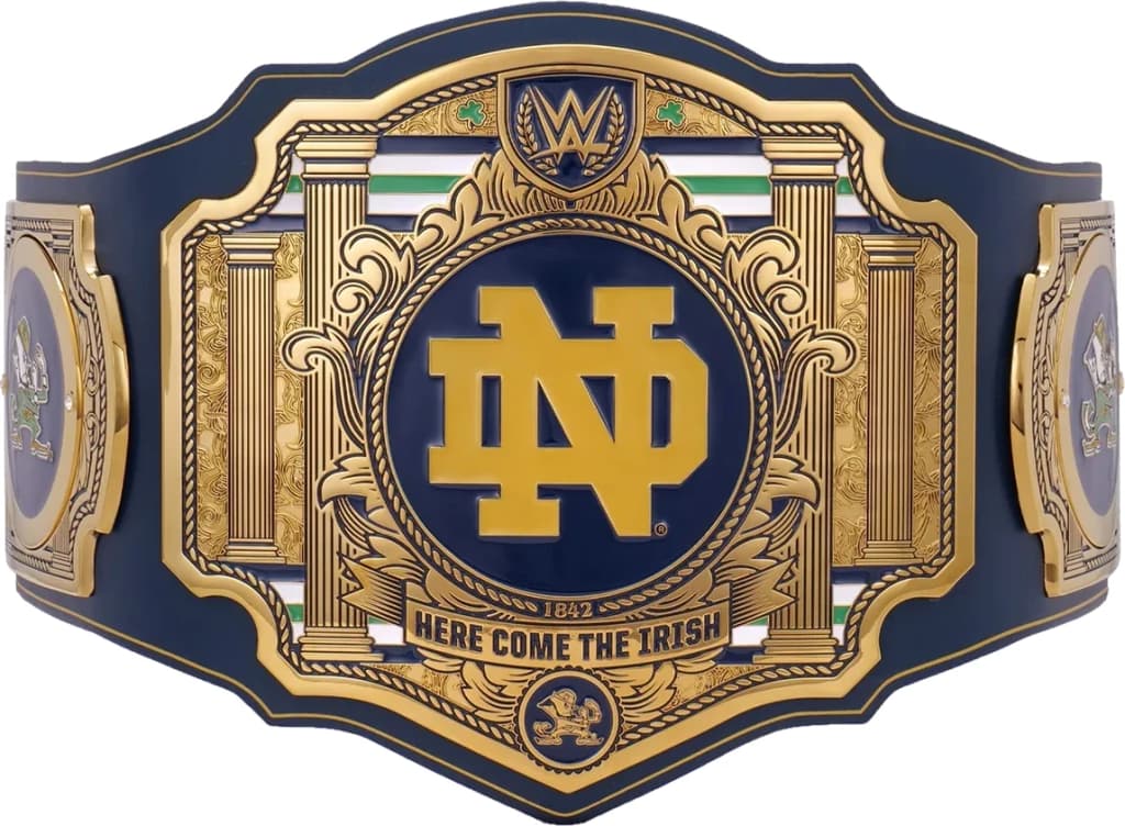 Display-grade replica championship title belt with die-struck metal plates on a full-grain leather strap.