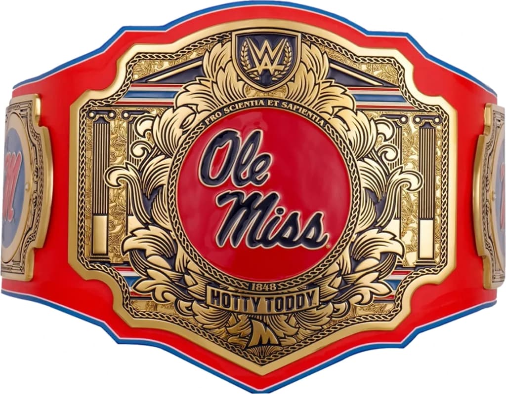 Display-grade replica championship title belt with die-struck metal plates on a full-grain leather strap.