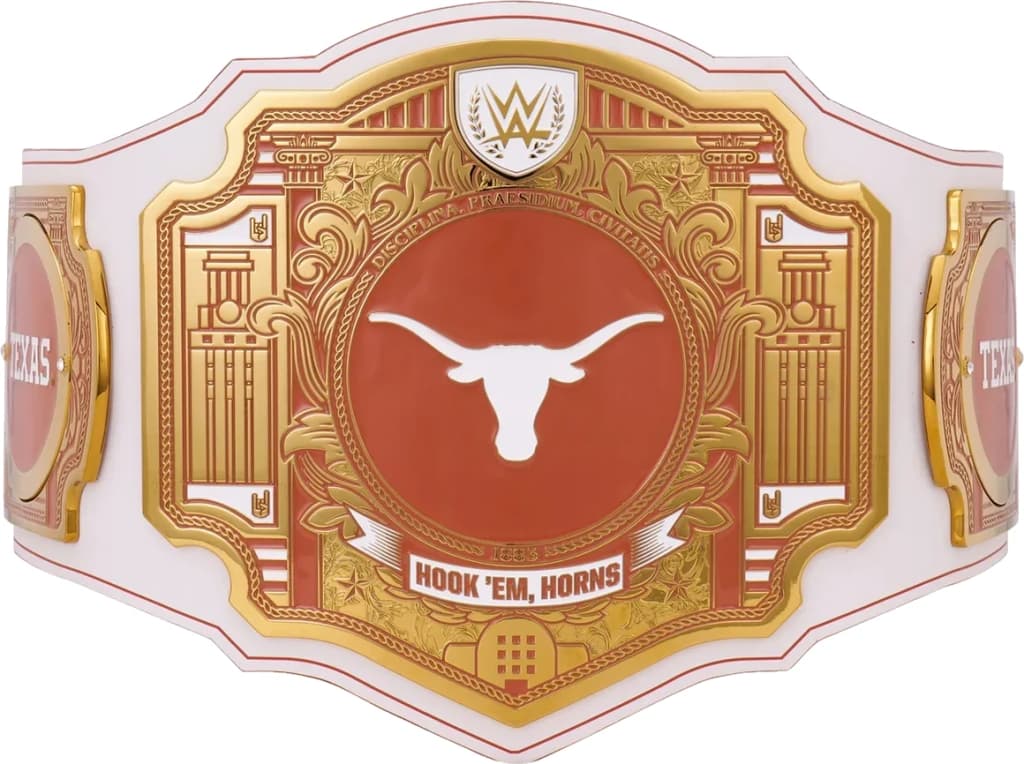 Display-grade replica championship title belt with die-struck metal plates on a full-grain leather strap.
