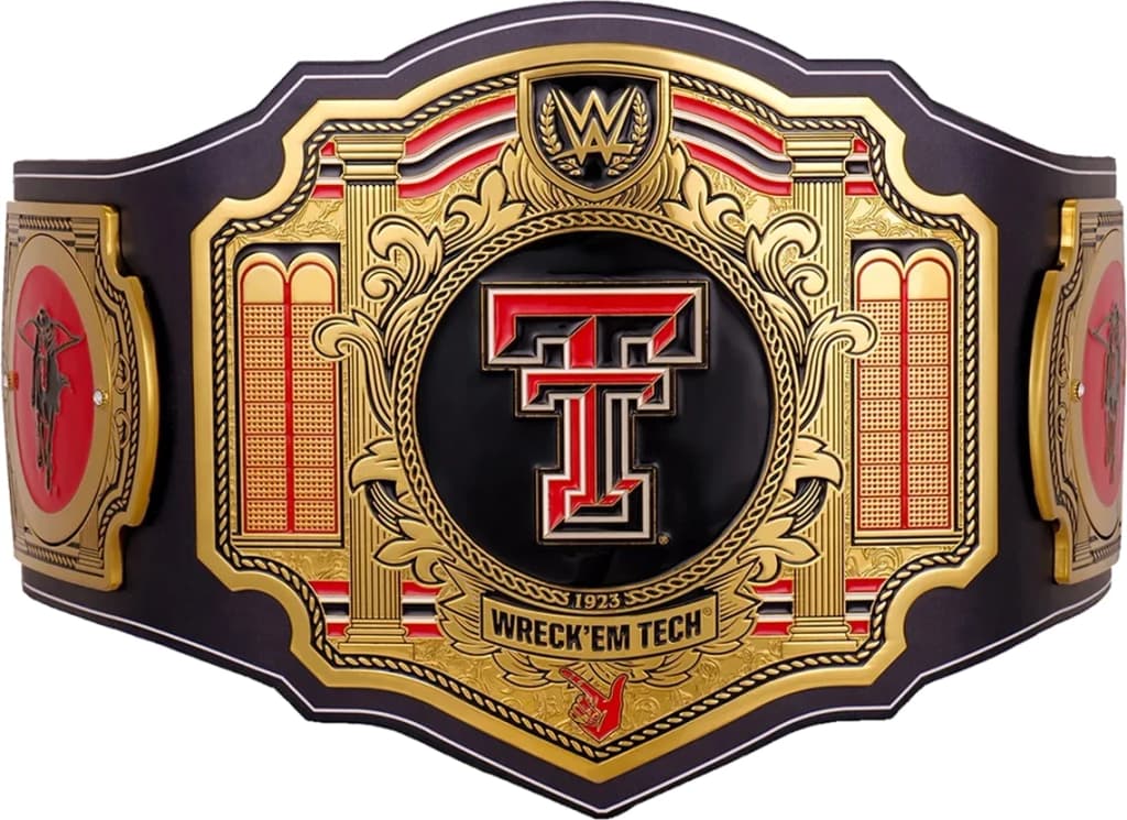 Display-grade replica championship title belt with die-struck metal plates on a full-grain leather strap.