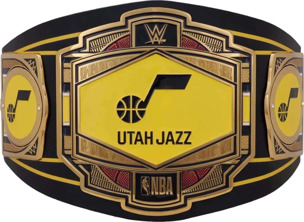 Display-grade replica championship title belt with die-struck metal plates on a full-grain leather strap.