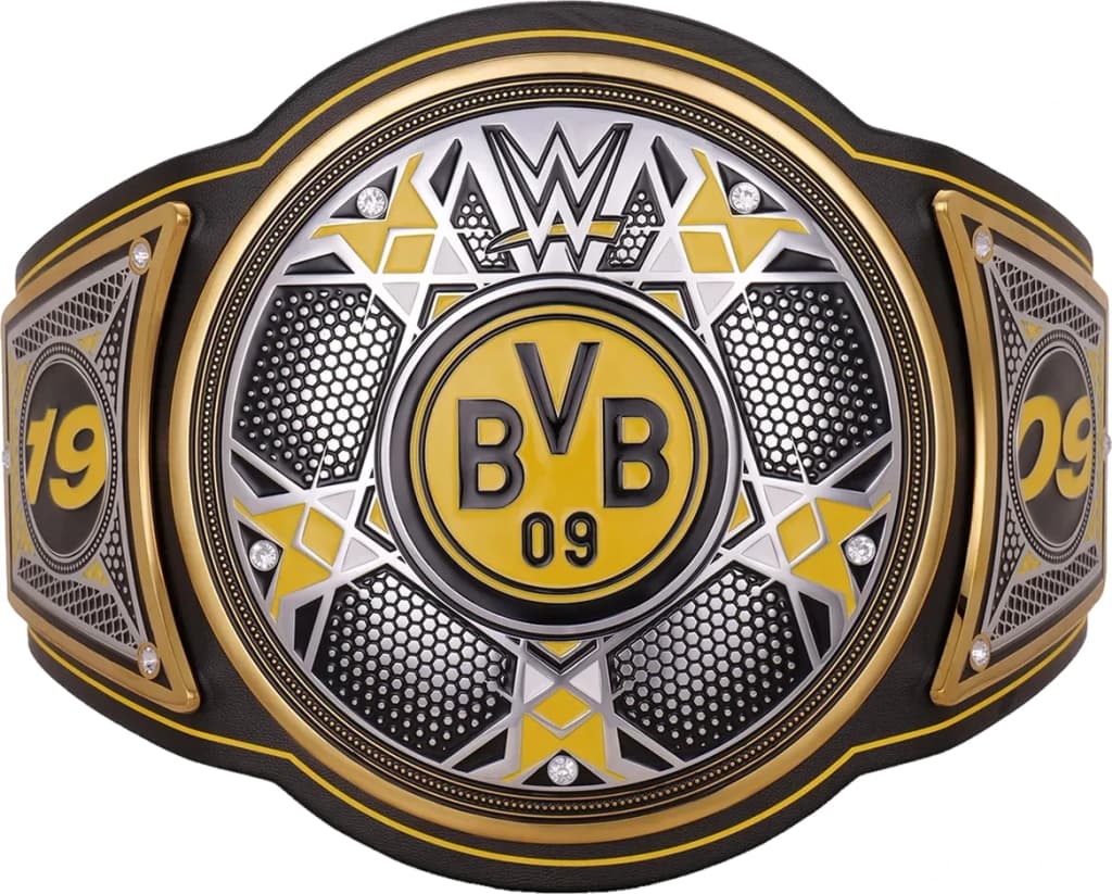 Display-grade replica championship title belt with die-struck metal plates on a full-grain leather strap.