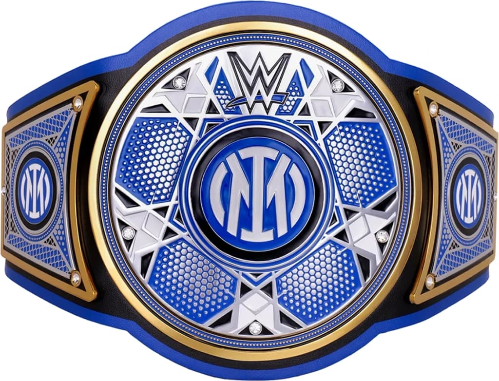 Display-grade replica championship title belt with die-struck metal plates on a full-grain leather strap.