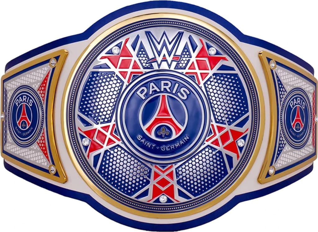 Replica championship title belt finished to display standard, plate by plate.