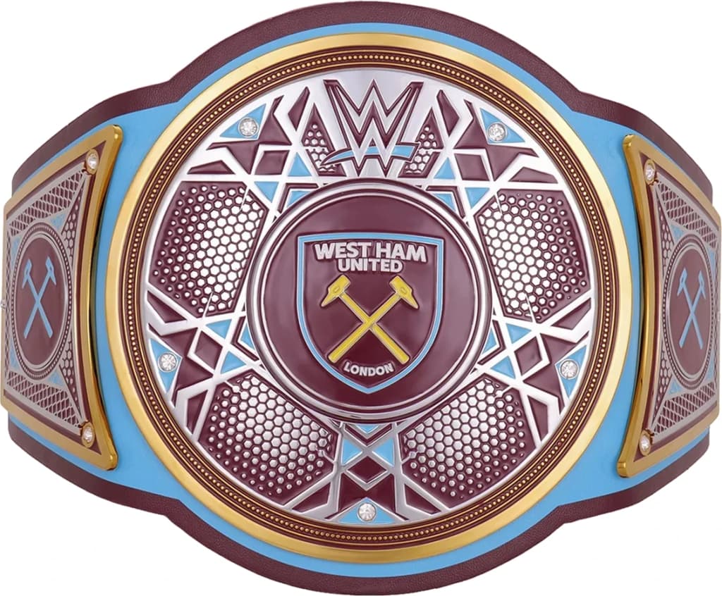 Display-grade replica championship title belt with die-struck metal plates on a full-grain leather strap.