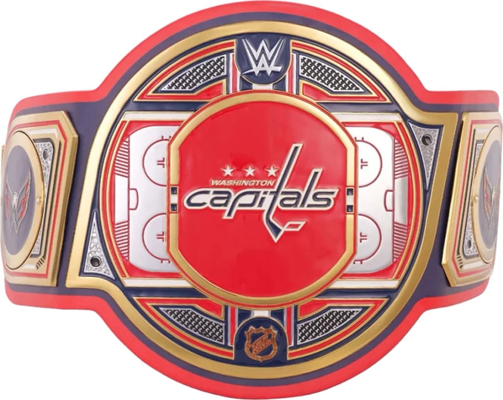 Display-grade replica championship title belt with die-struck metal plates on a full-grain leather strap.