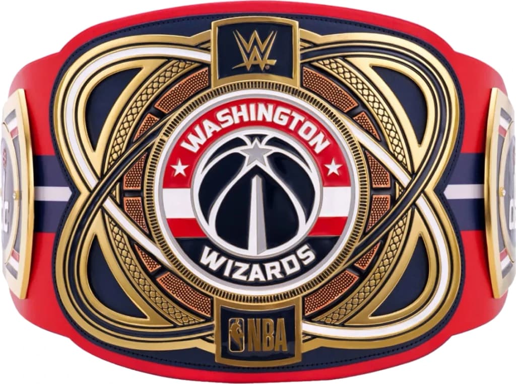 Display-grade replica championship title belt with die-struck metal plates on a full-grain leather strap.