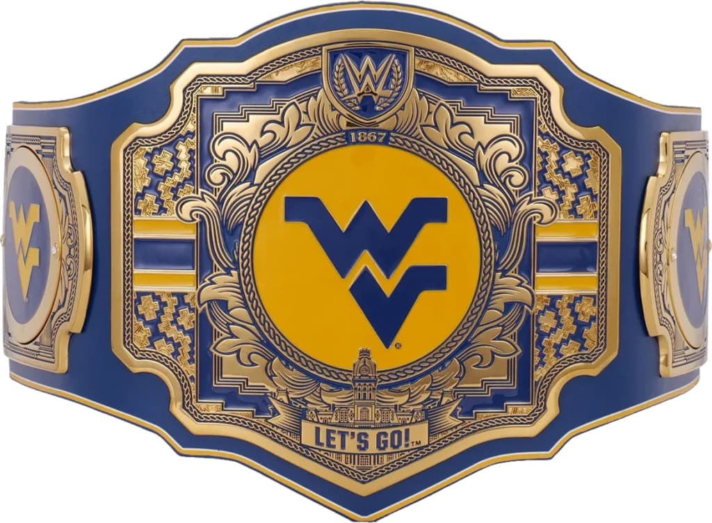 Display-grade replica championship title belt with die-struck metal plates on a full-grain leather strap.
