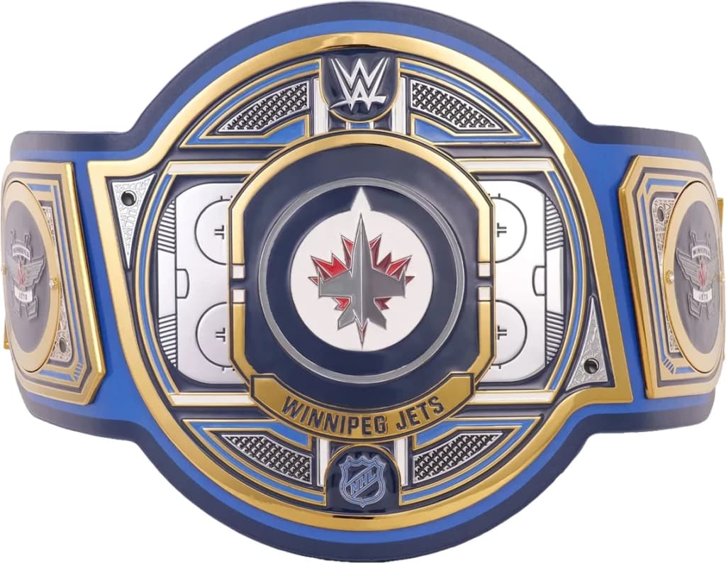 Display-grade replica championship title belt with die-struck metal plates on a full-grain leather strap.