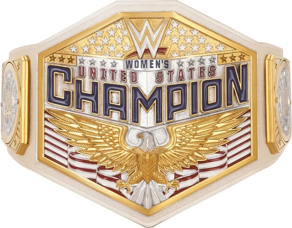 Display-grade replica championship title belt with die-struck metal plates on a full-grain leather strap.
